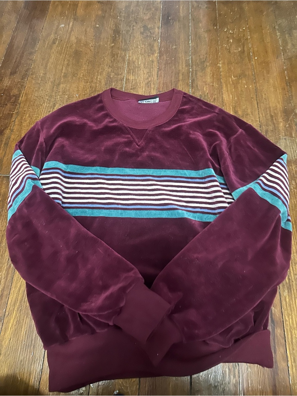 Velvet Stripe Crewneck Sweater in Burgundy with Teal Accents